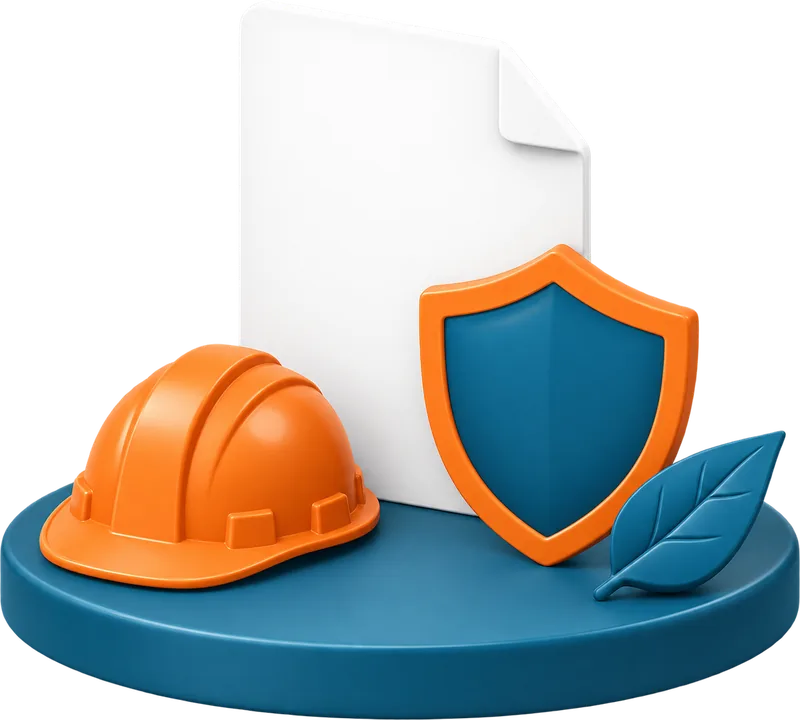 Documento, escudo, casco de seguridad y hoja, ilustracion 3D