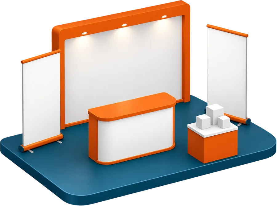 Stand de exhibición con counter, paneles y roll-ups
